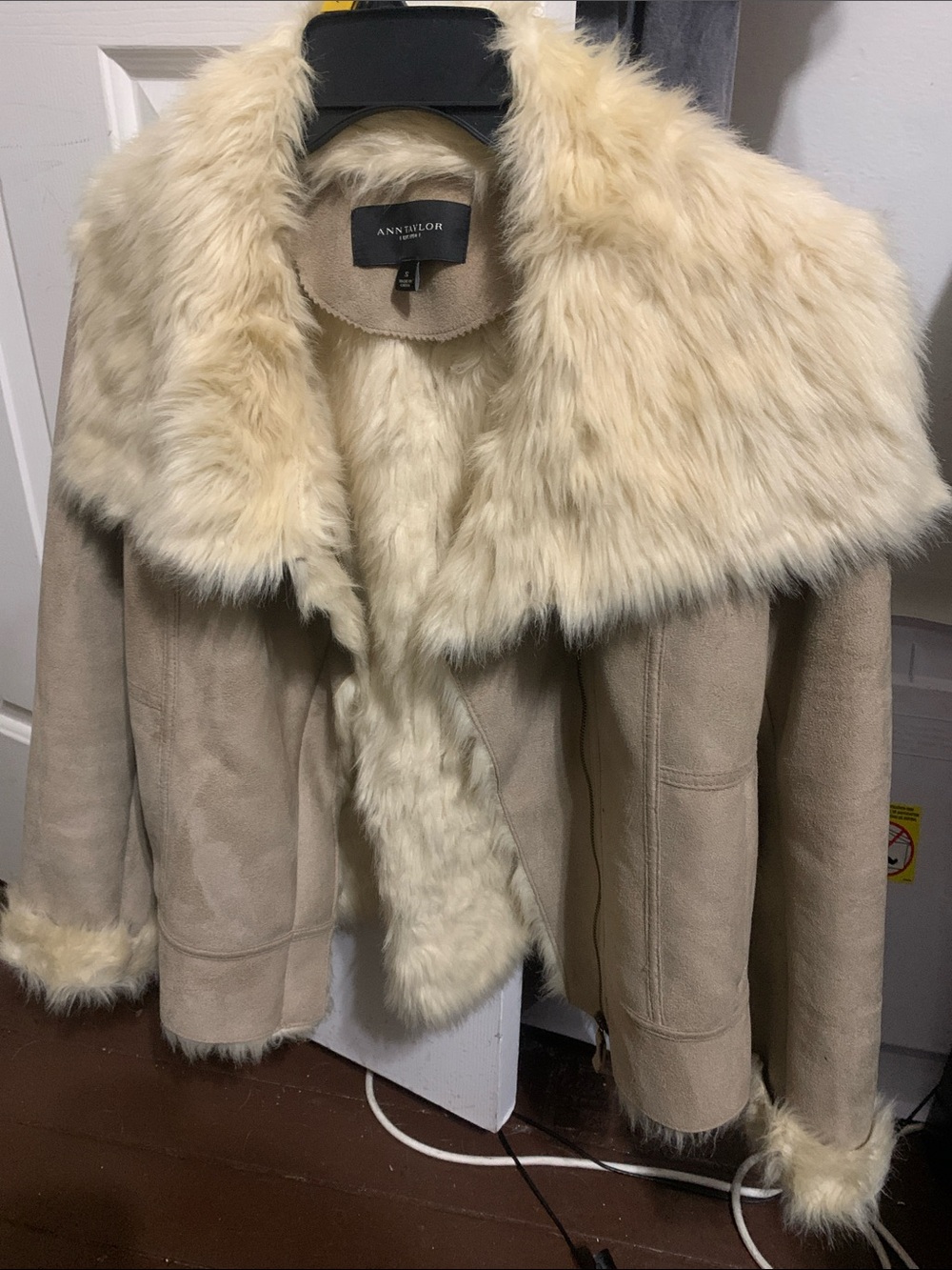 Ann Taylor Beige Suede-Look Jacket with Cream Faux Fur Trim